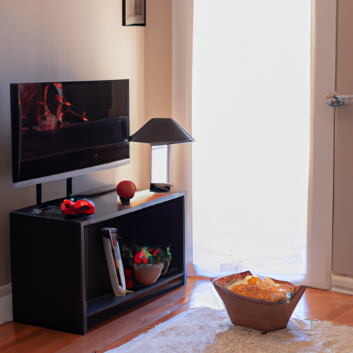 A cozy living room setup with a TV and snacks for a movie marathon