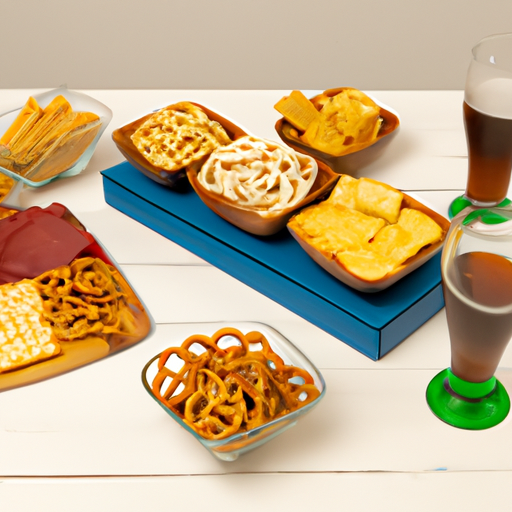 Variety of snacks and drinks on a table for game night